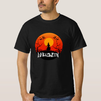 Camiseta Silhueta de Bruxa Pôr do Sol Laranja Lua Halloween