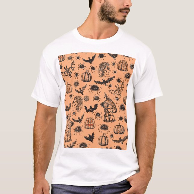 Camiseta Silhueta de Bruxas de Halloween: Padrão de Cartoon (Frente)