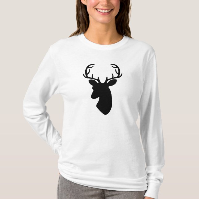 Camiseta Silhueta de Cabeça de Veado Preto (Frente)