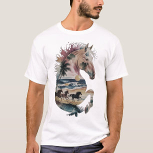 Camiseta Silhueta de Cavalo de Água Tropical Oceânica Sunse
