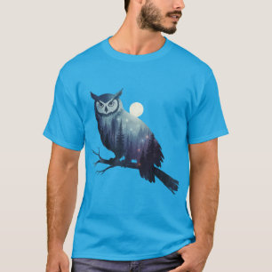 Camiseta Silhueta de Coruja Mística Lua Cheia Noite Estrela