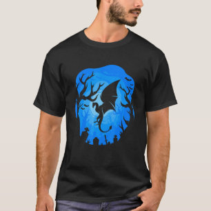 Camiseta Silhueta de Dragão Fundo Azul Floresta Noite Des