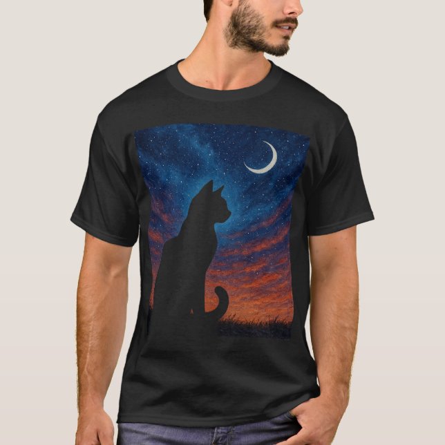 Camiseta Silhueta de Gato - Céu Noturno com Lua Crescente (Frente)
