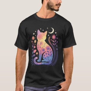 Camiseta Silhueta de Gato Com Flores Lua e Estrelas Mística