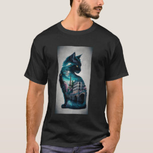 Camiseta Silhueta de Gato com Paisagem Noturna da Cidade e