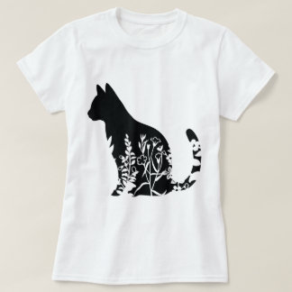 Camiseta Silhueta de Gato Floral Design Minimalista