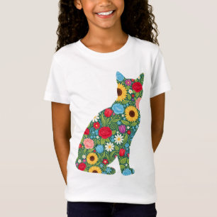 Camiseta Silhueta de Gato Floral Padrão em Flor