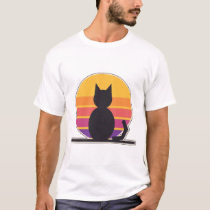 Camiseta Silhueta de Gato Pôr do Sol Retrô Anos 70 Gato Vin