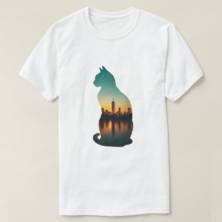 Camiseta Silhueta de Gato Pôr do Sol Urbano