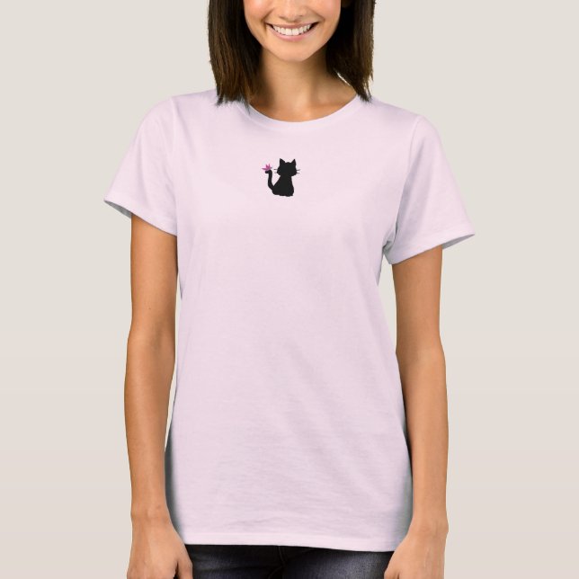 Camiseta Silhueta de Gato Preto Borboleta Rosa (Frente)
