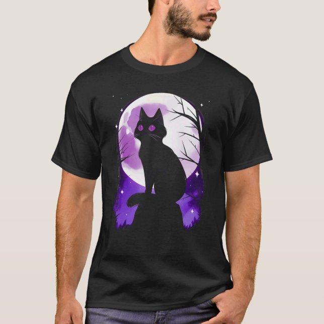 Camiseta Silhueta de Gato Preto Lua Cheia Halloween Simples (Frente)