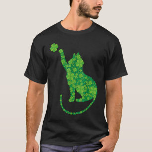 Camiseta Silhueta de Gato Verde Trevos Dia de São Patrício