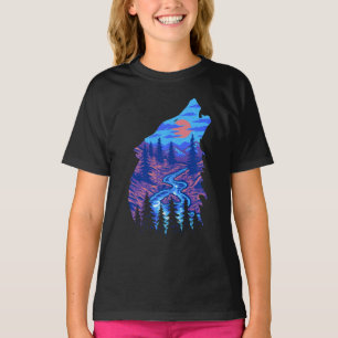 Camiseta Silhueta de Lobo Uivando Floresta Rio Paisagem