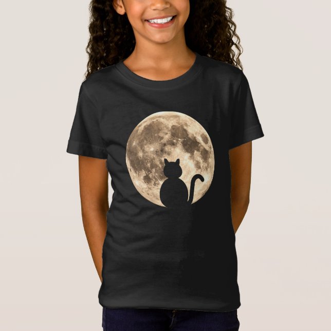Camiseta Silhueta de Lua Cheia de Gato Negro (Frente)