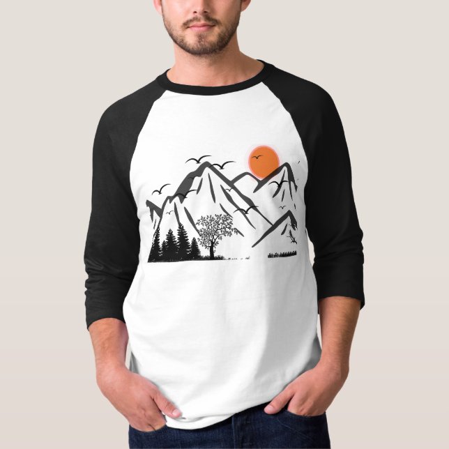 Camiseta Silhueta de Montanha com Pássaros Voadores (Frente)