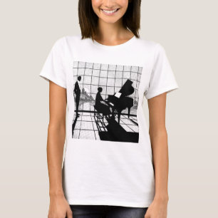 Camiseta Silhueta de Piano Estilo Art Déco   Preto e Branco