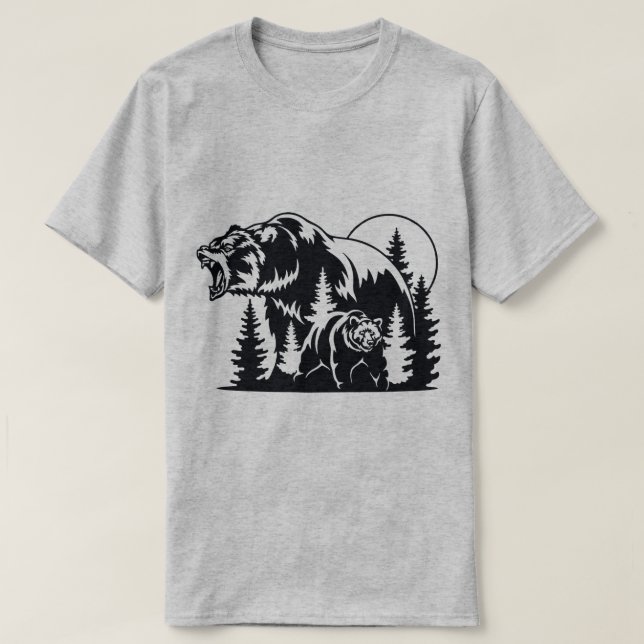 Camiseta Silhueta de Urso Raivoso na Paisagem Florestal (Frente do Design)