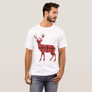 Camiseta Silhueta de Veado Rústica Xadrez Escocês Vermelho