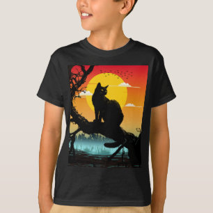 Camiseta Silhueta do pôr do sol gato e árvore