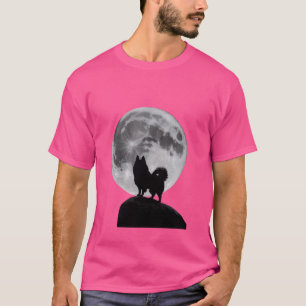 Camiseta Silhueta Engraçada de Pom Pomerânia Lua e Cachorro