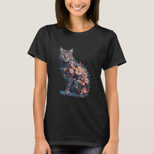 Camiseta Silhueta Floral de Gato Flor Gráfica Tropical