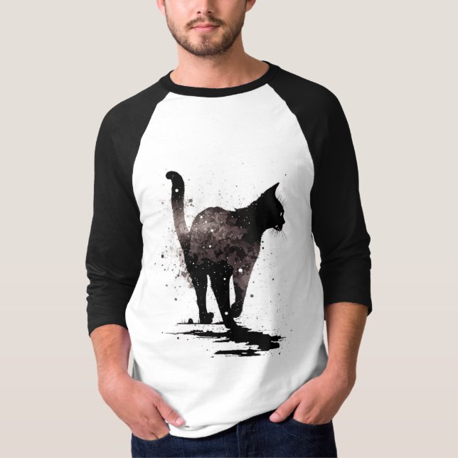 Camiseta Silhueta Gato Andando Preto em Branco (Frente)