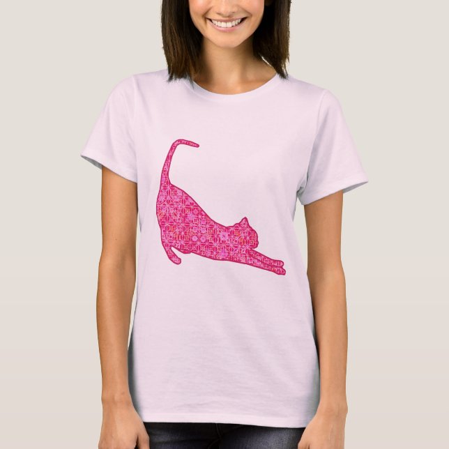 Camiseta Silhueta Gato Esticada em Fúchsia - Batik Rosa (Frente)