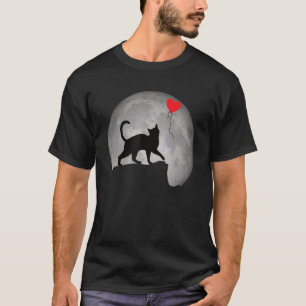 Camiseta Silhueta Gato na Lua cheia com coração. Beautifu