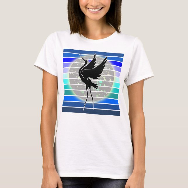 Camiseta Silhueta Majestosa Blue Heron no lago Full Moon (Frente)