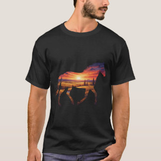 Camiseta Silhueta Majestosa de Cavalo Selvagem Pôr do Sol D