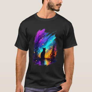 Camiseta Silhueta Mística de Gato Luzes do Norte Preta
