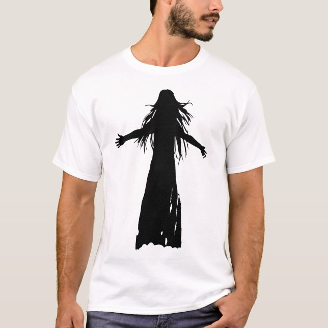 Camiseta Silhueta preta de uma mulher de cabelo comprido (Frente)