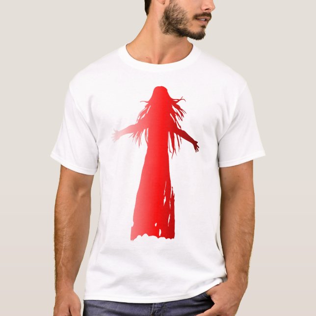 Camiseta Silhueta vermelha de uma mulher de cabelo comprido (Frente)