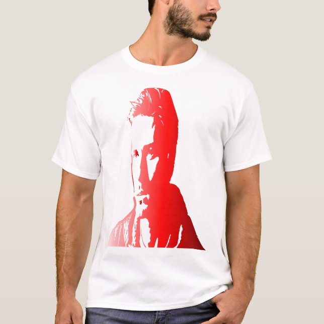 Camiseta silhueta vermelha um homem com cabelo curto e text (Frente)