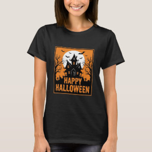 Camiseta Silhueta Vetorial de Casa Assombrada de Halloween_