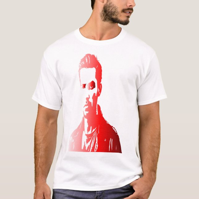 Camiseta Silhuette vermelha um homem com expressão séria (Frente)