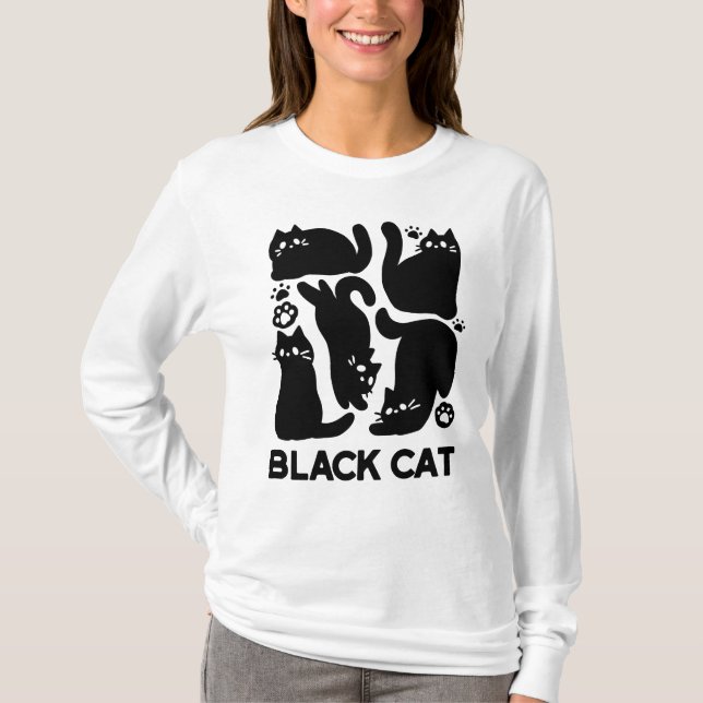 Camiseta Silhuettes de Gato Negro - Design de Felino Cinto (Frente)