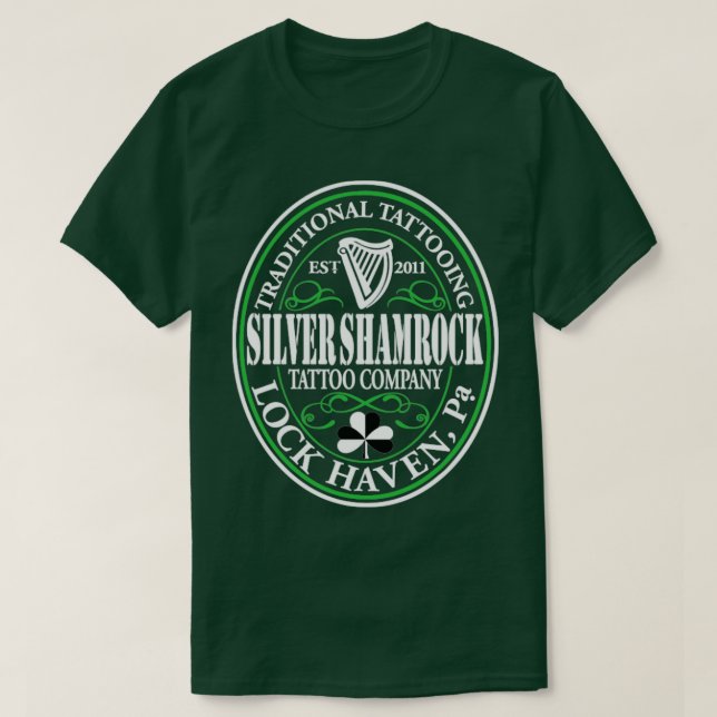 Camiseta Silver Shamrock Tattoo Company Irish Stout Logo (Frente do Design)