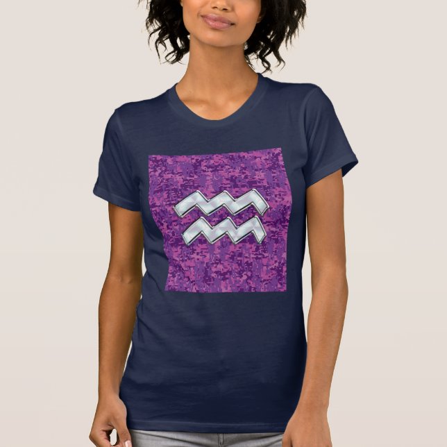 Camiseta Símbolo Aquarius Zodiac na Camuflagem Digital Rosa (Frente)