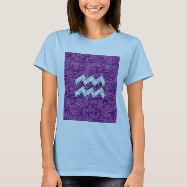 Camiseta Símbolo Aquarius Zodiac na Camuflagem Digital Rosa (Frente)