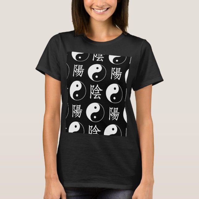 Camiseta Símbolo Black Yinyang - Padrão de Texto Chinês (Frente)