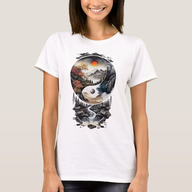 Camiseta Símbolo chinês Jin Jang com uma bela paisagem (Frente)