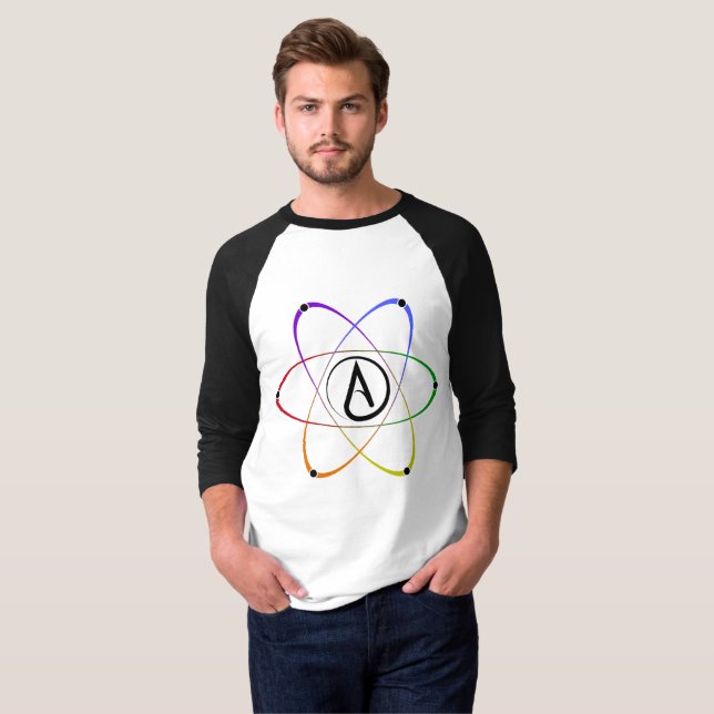 Camiseta Símbolo de Átomo Ateu Arco-íris Preto (Frente Completa)
