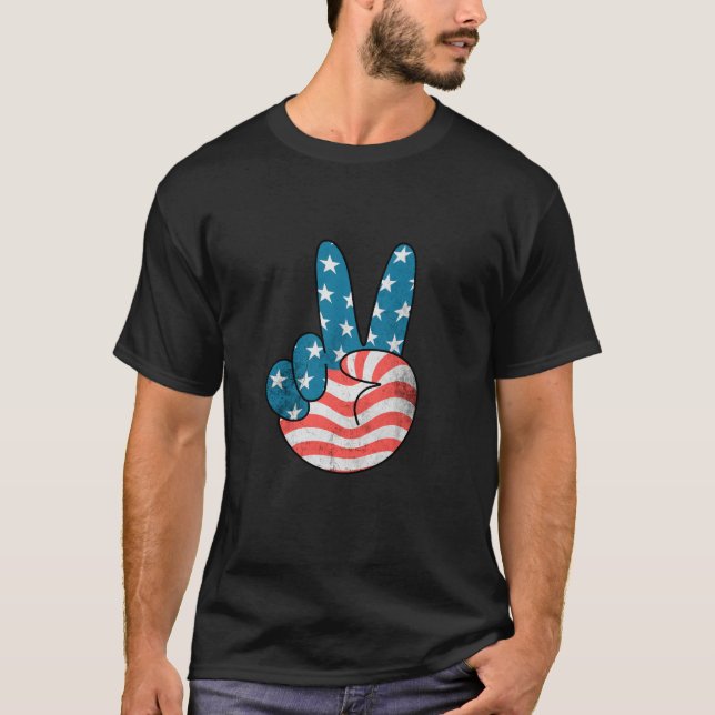 Camiseta Símbolo de Paz de Sinalizador EUA Mão 4 de julho P (Frente)