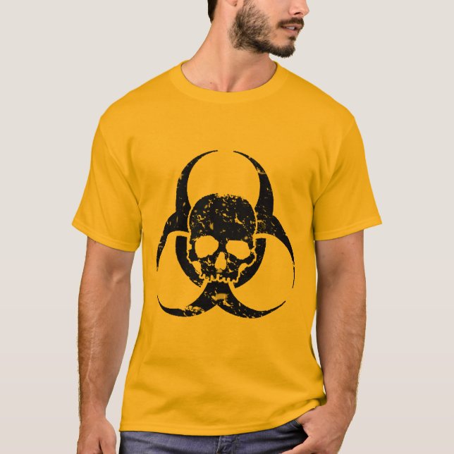 Camiseta Símbolo de risco biológico agudo e aflexo e crânio (Frente)