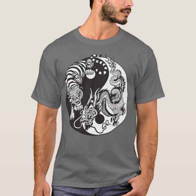 Camiseta símbolo de yang do yin do dragão e do tigre (Frente)
