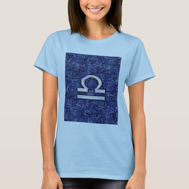 Camiseta Símbolo Libra Zodiac na Camuflagem Digital Azul (Frente)