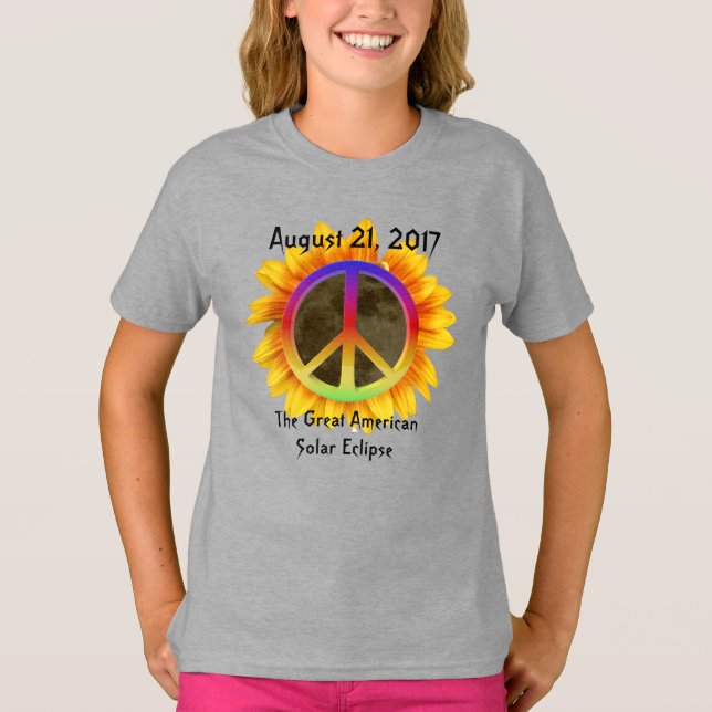 Camiseta Símbolo Solar Eclipse, Girassol e Paz 2017 (Frente)