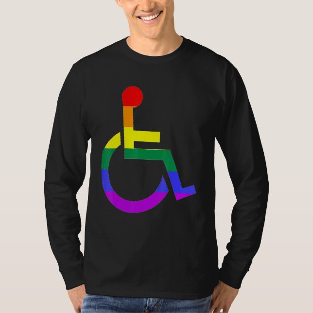 Camiseta Símbolo T da cadeira de rodas arco-íris (Frente)