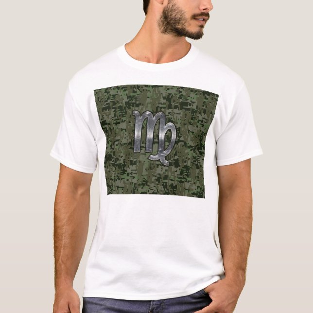 Camiseta Símbolo Virgo Zodiac na Camo Digital Verde Oleícol (Frente)